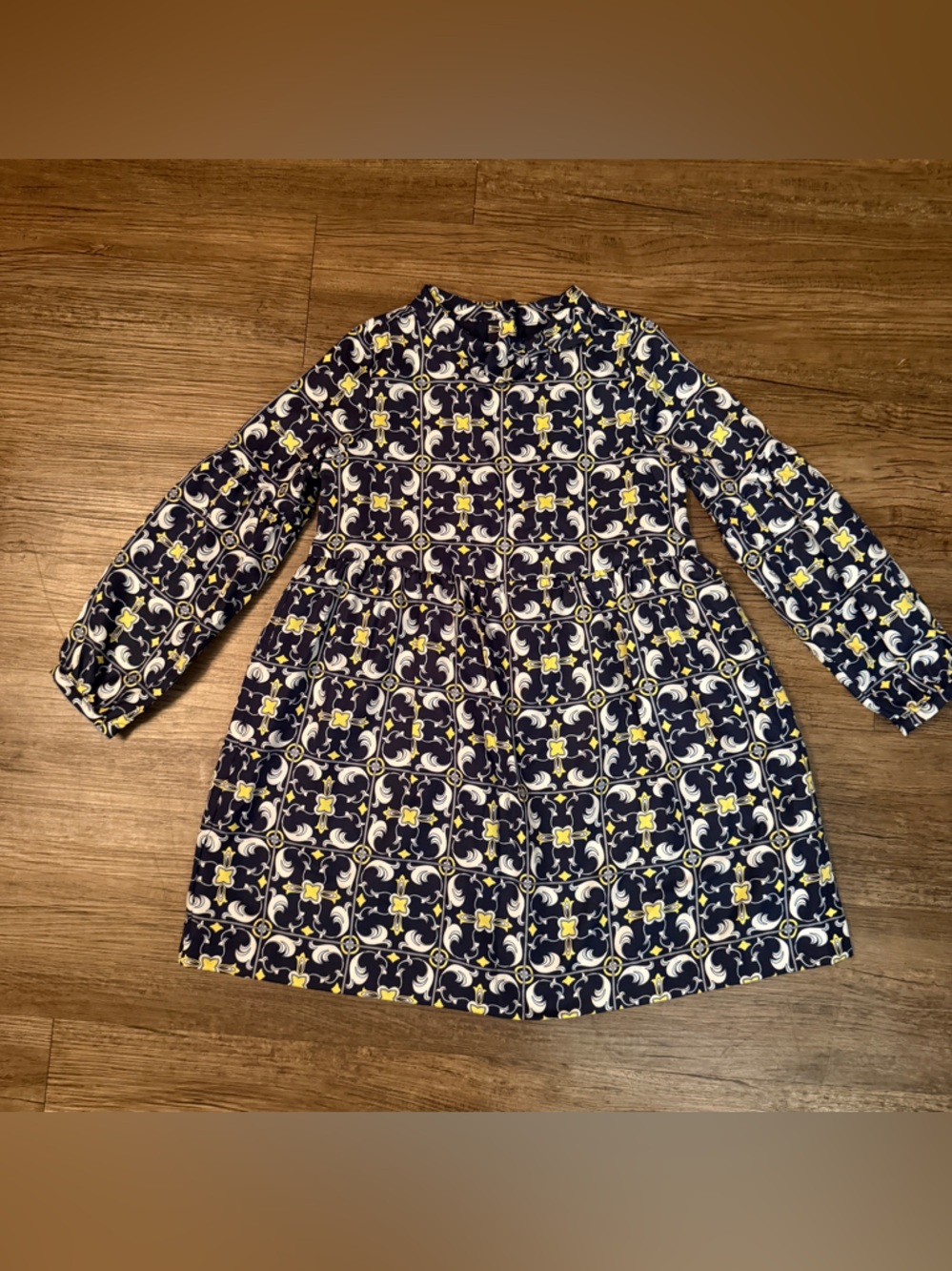 Janie and Jack Navy Dress with Yellow and White Tile Print